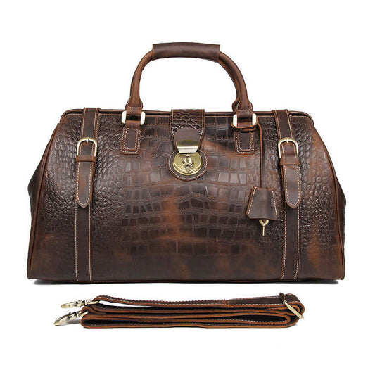 Lockable Leather Travel Duffel Bag Croc Embossed Weekender 20.5in in dark brown with shoulder strap.
