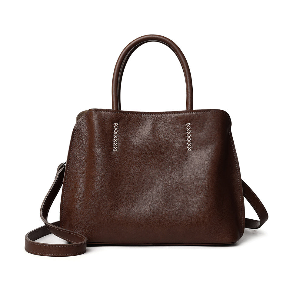 Leather Crossbody Bag Women 10.4in Multi Compartment Tote in dark brown with adjustable strap and top handles.