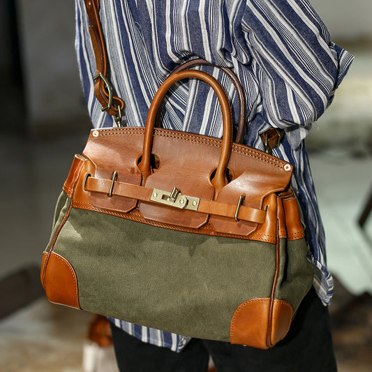Leather Canvas Crossbody Bag showcasing its stylish design with brown leather and green canvas details.