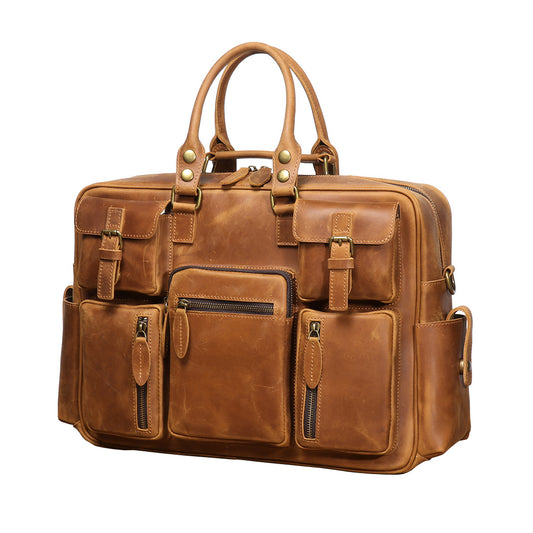 Vintage|Tannery Craft, Genuine Leather Men's Briefcase, Crazy Horse Leather Crossbody Laptop Bag, Large Capacity Cowhide Travel Bag, 17.7 in Length