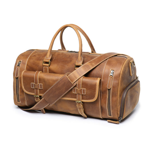 Vintage|Tannery Craft, Men's Large Genuine Leather Travel Bag, Shoe-Compatible Duffle Bag, 20.5 in Length