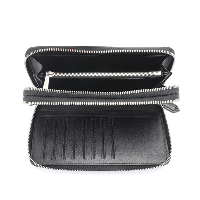 Luxury Crocodile Skin Long Wallet 8.7in Dual Zip Card Organizer interior view with card slots and zip compartments.