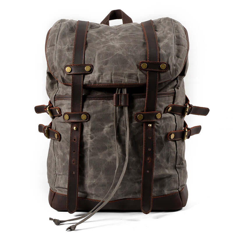canvas backpack leather accents Canvas Backpack Men Waterproof Travel Rucksack Outdoor Bag 17.7in – i7Bags
