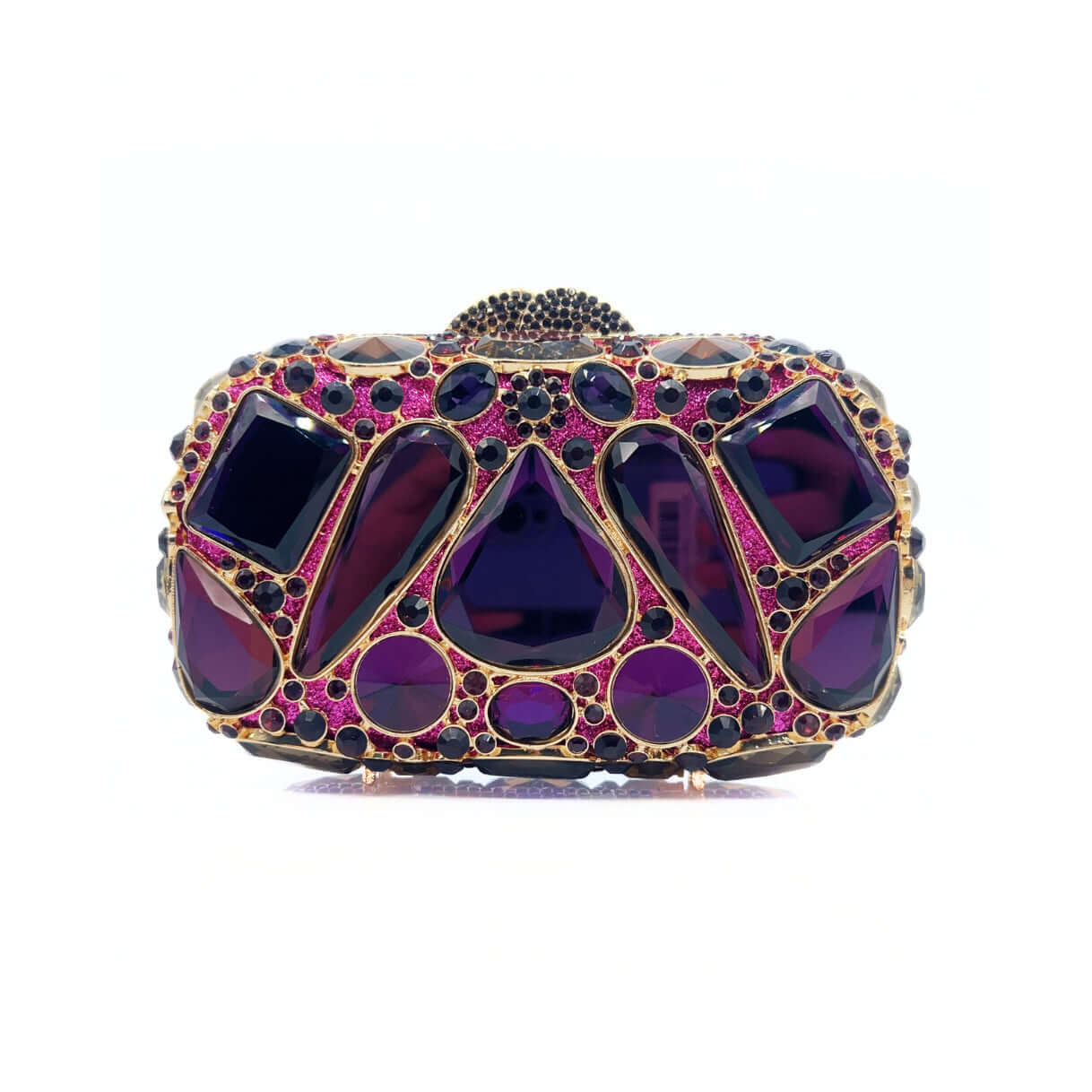 Rhinestone Evening Clutch Multi Color Jeweled Wedding Bag with ornate purple and pink gemstones.