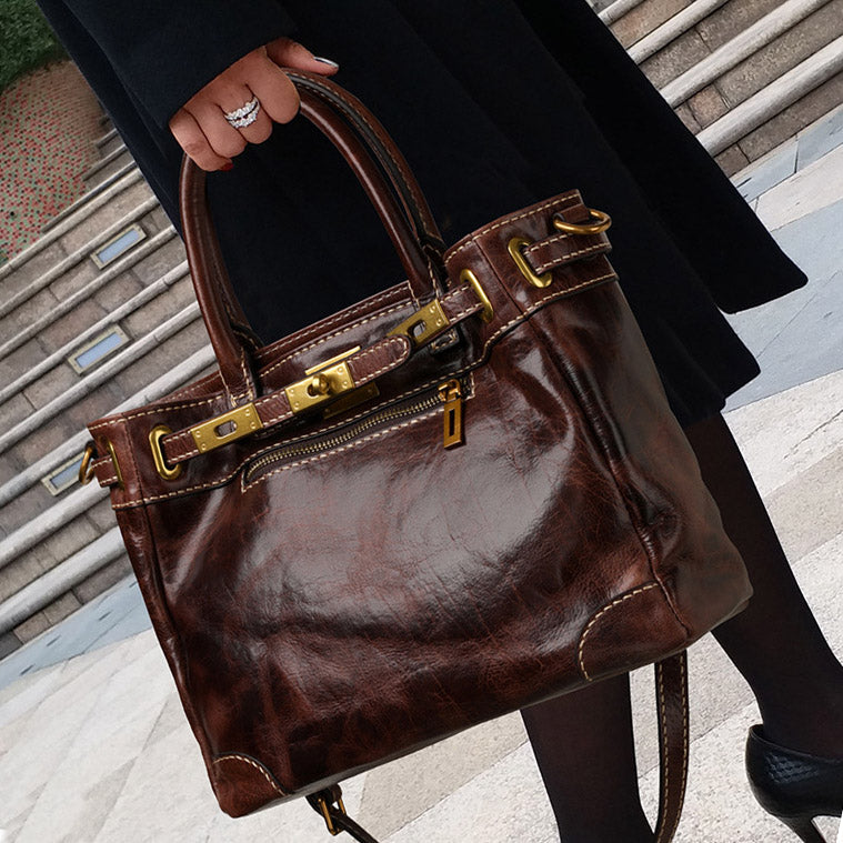 Quiet Luxury Leather Work Tote Bag for Women 11.4in in rich brown color, showcasing stylish design and functional features.