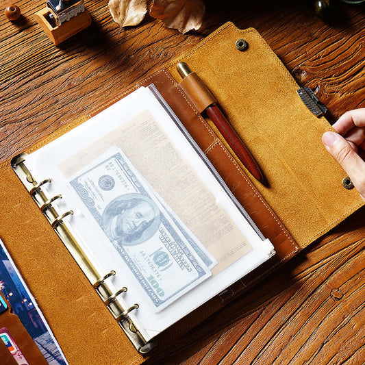 Refillable Leather Planner A5 With Lock Business Organizer 9in. opened with money and documents inside.