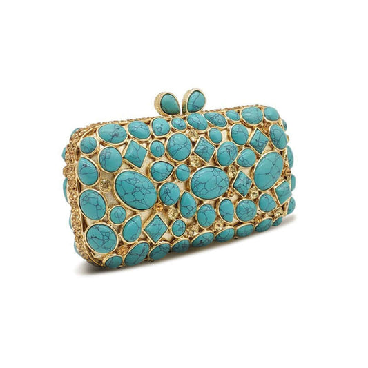 Agate Stone Evening Clutch with turquoise rhinestones, elegant gemstone bag for wedding parties.