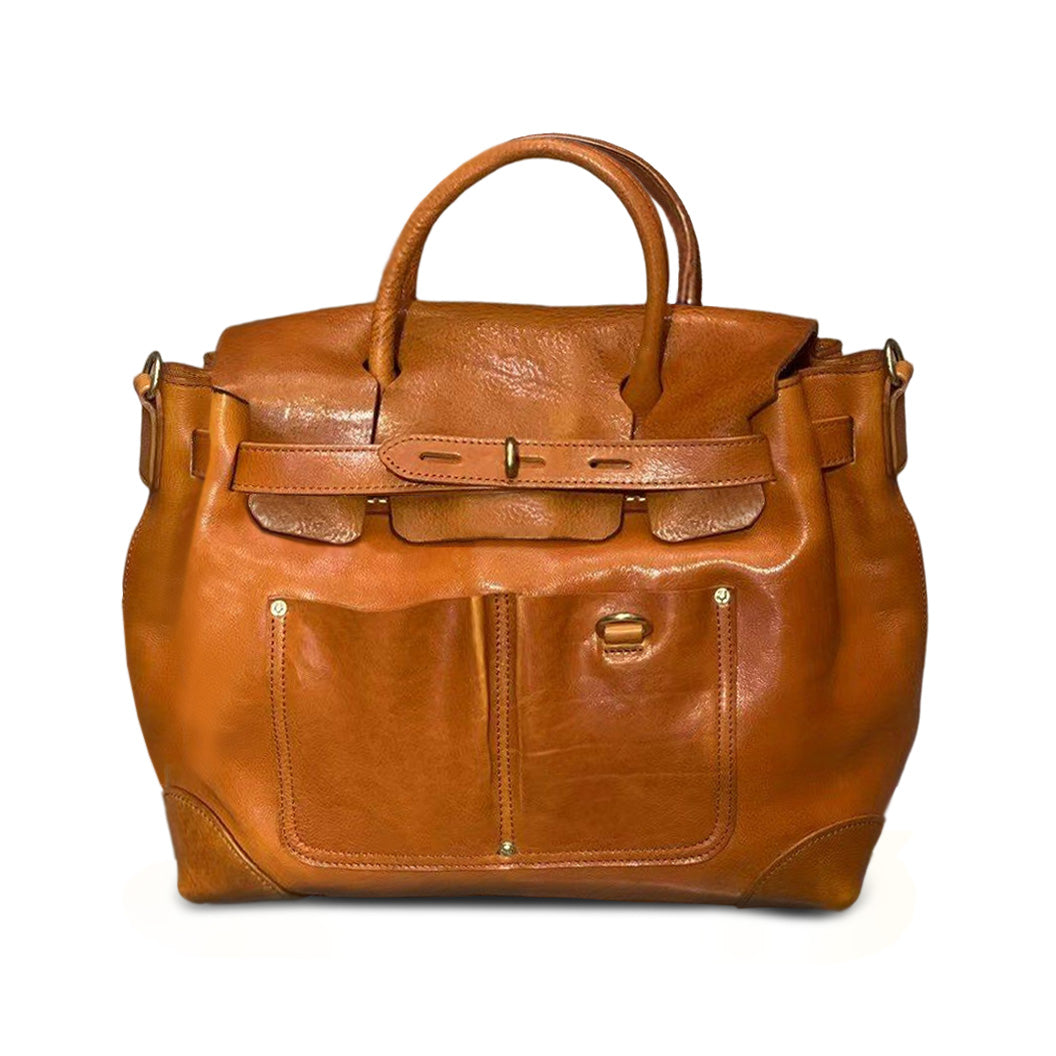Vegetable-Tanned Leather Work Tote Laptop Briefcase Bag in rich brown leather with spacious pockets and structured design.