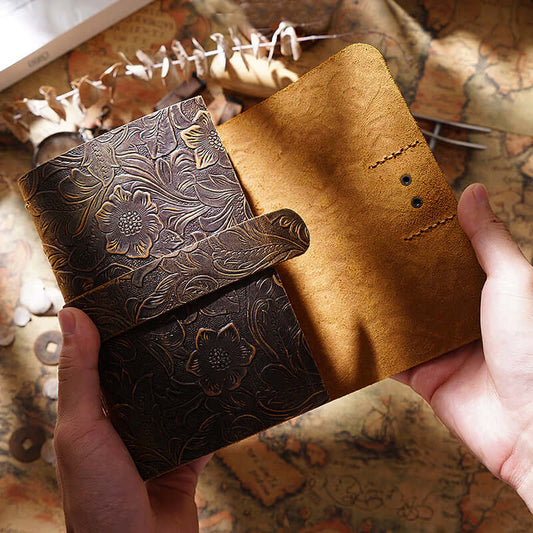 Handmade Leather Journal Thick Notebook Travel Diary Gift 6.5in open view showcasing embossed floral pattern and interior.