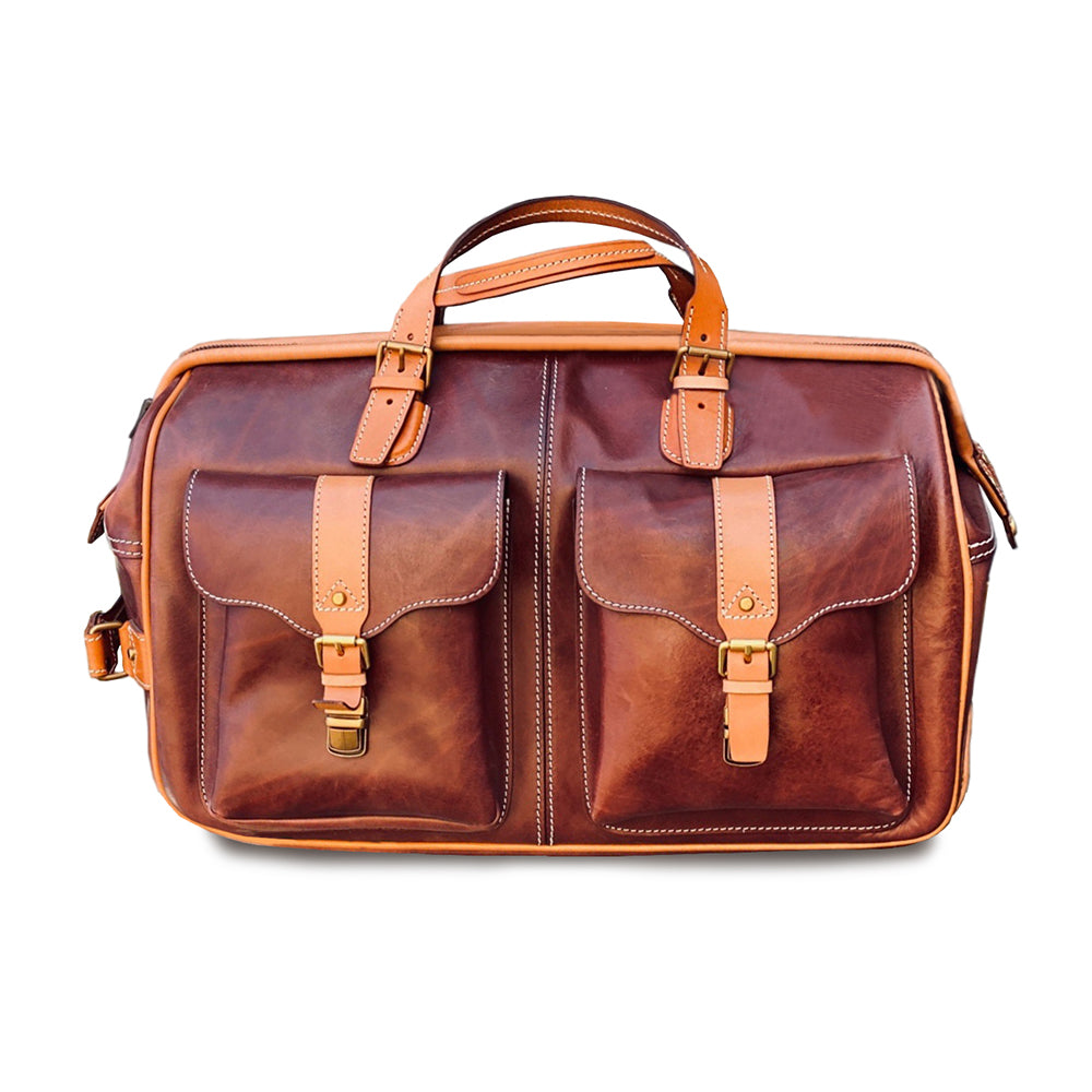 Handmade leather travel bag with wheels, 23.6in carry on rolling duffel luggage with pockets.