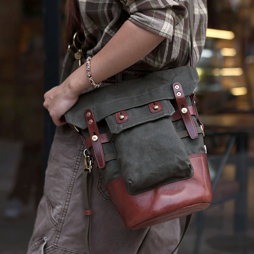Vintage military style 20oz waxed canvas crossbody bag with Italian vegetable tanned leather and solid brass hardware