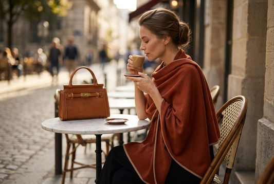 Quiet Luxury 100% Inner Mongolia cashmere scarf and lambswool cape shawl styled alongside handcrafted Italian leather bag