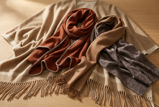 Intertwined organic flatlay of 100% Inner Mongolia cashmere and first-clip virgin lambswool collection scarves and cape shawl
