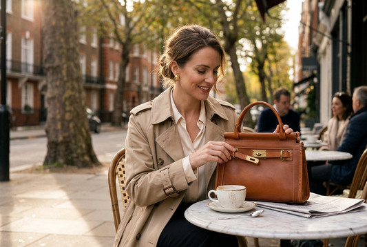 Close-up of a woman holding an elegant designer handbag, showcasing luxury fashion.