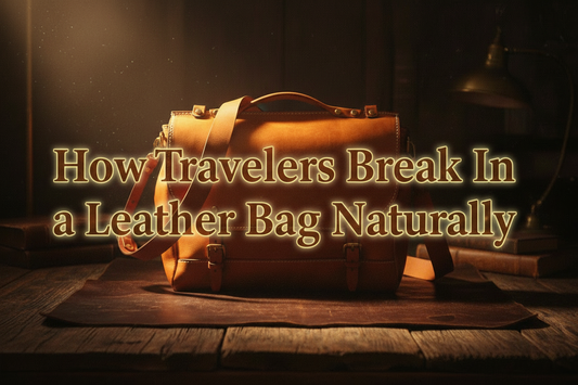 Cinematic leather messenger bag with semi-transparent title typography — How Travelers Break In a Leather Bag Naturally