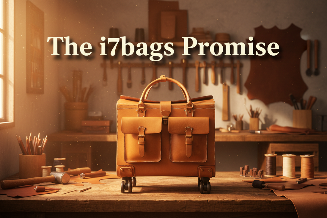 Quality and Integrity: The i7bags Promise displayed with a stylish leather bag in a workshop setting.