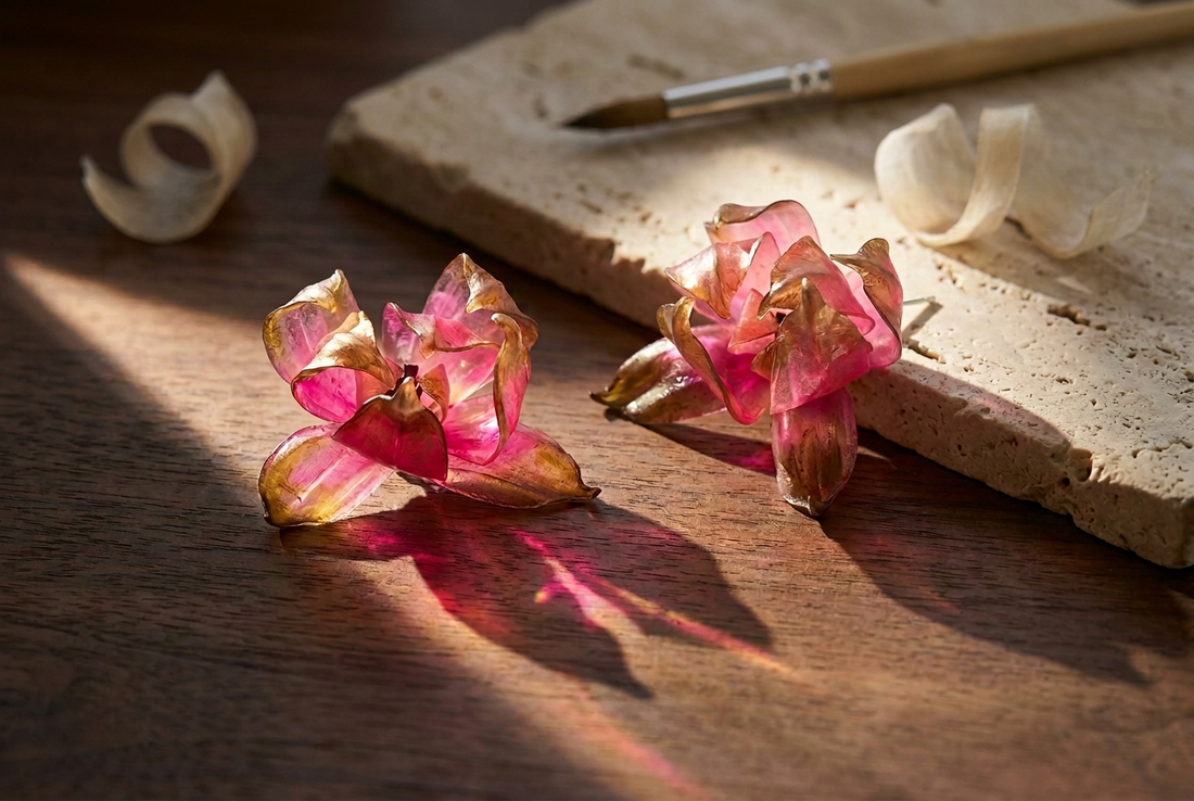 Sculptural leather flower earrings and ear jewelry from the Leather Ballet Art collection by i7Bags
