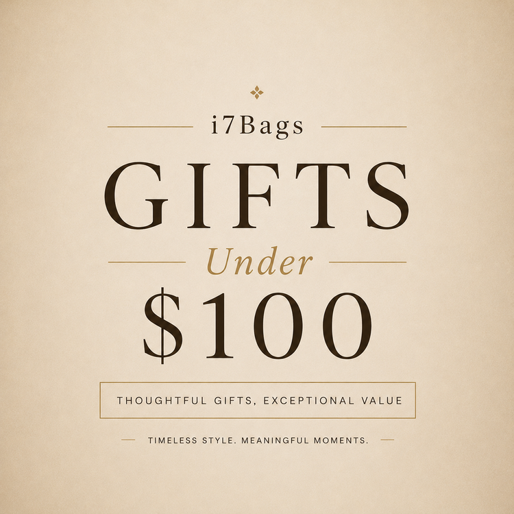 Assorted premium leather wallets and glasses cases arranged as gift ideas under $100.