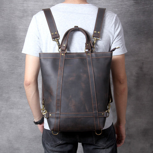 Close-up of a brown leather backpack featuring durable materials and stylish hardware details.