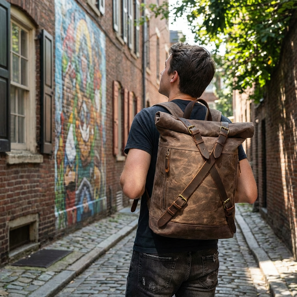 Vintage waxed canvas and leather travel bags on display