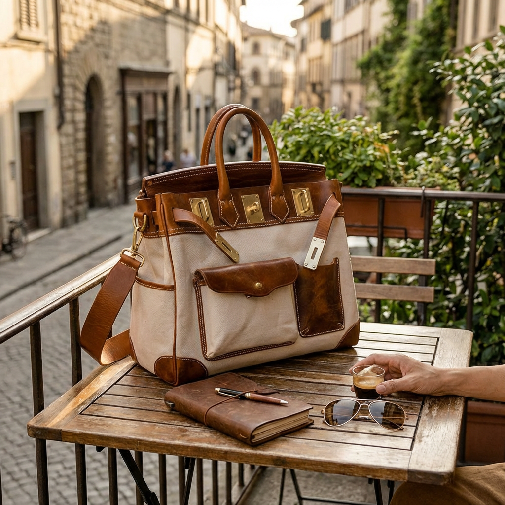 Premium canvas leather bag with vegetable-tanned leather and organic cotton canvas