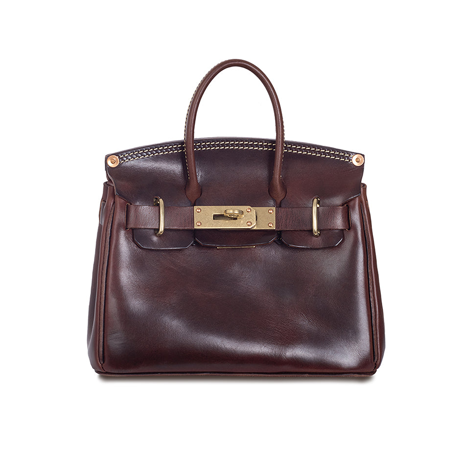 Pink Leather Handbag,Women's Leather Handbags,Pink Designer Bag,11.4in in dark brown leather with front clasp.