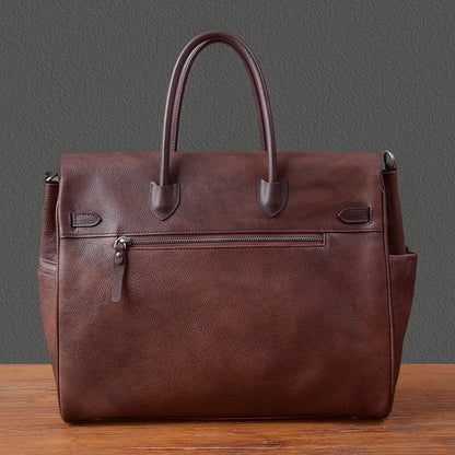 Brown leather men's work tote bag with dual handles and zippered pocket, ideal for business use.