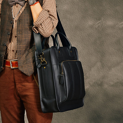 Stylish black leather laptop bag, worn by a man in a plaid shirt and vest, showcasing its modern design and utility.