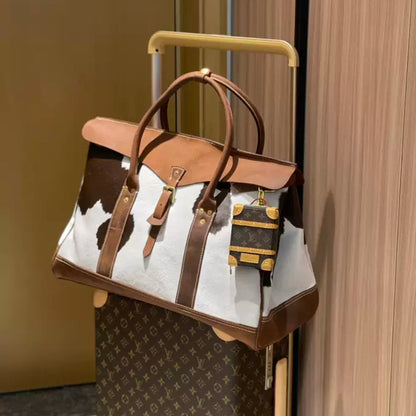 Leather Travel Bag,Genuine Calf Hair Leather Vintage Tote Bag,19.7in