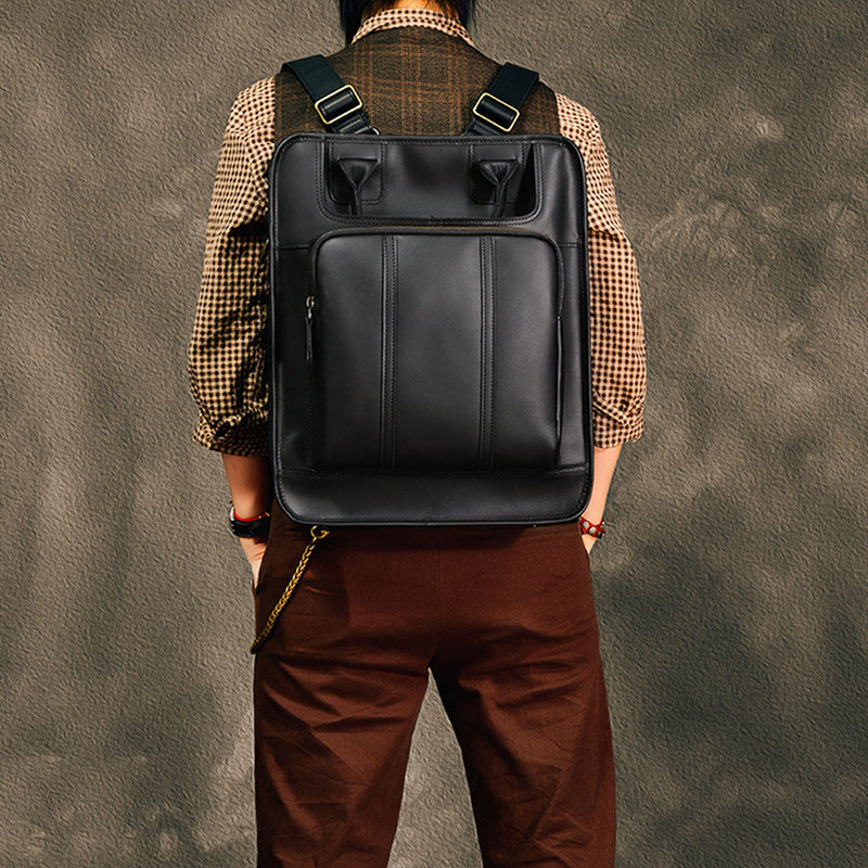 Stylish leather laptop backpack for men, showcasing a sleek design and adjustable straps, perfect for carrying a 15 inch laptop.
