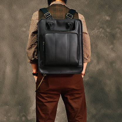 Stylish leather laptop backpack for men, showcasing a sleek design and adjustable straps, perfect for carrying a 15 inch laptop.