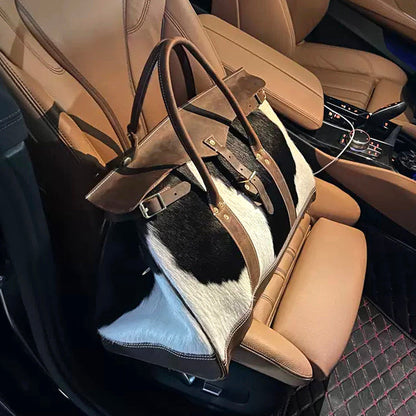 Leather Travel Bag,Genuine Calf Hair Leather Vintage Tote Bag,19.7in
