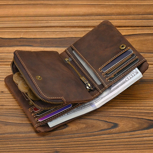 Crazy Horse Leather Bifold Wallet Men Zipper Coin Multi Card