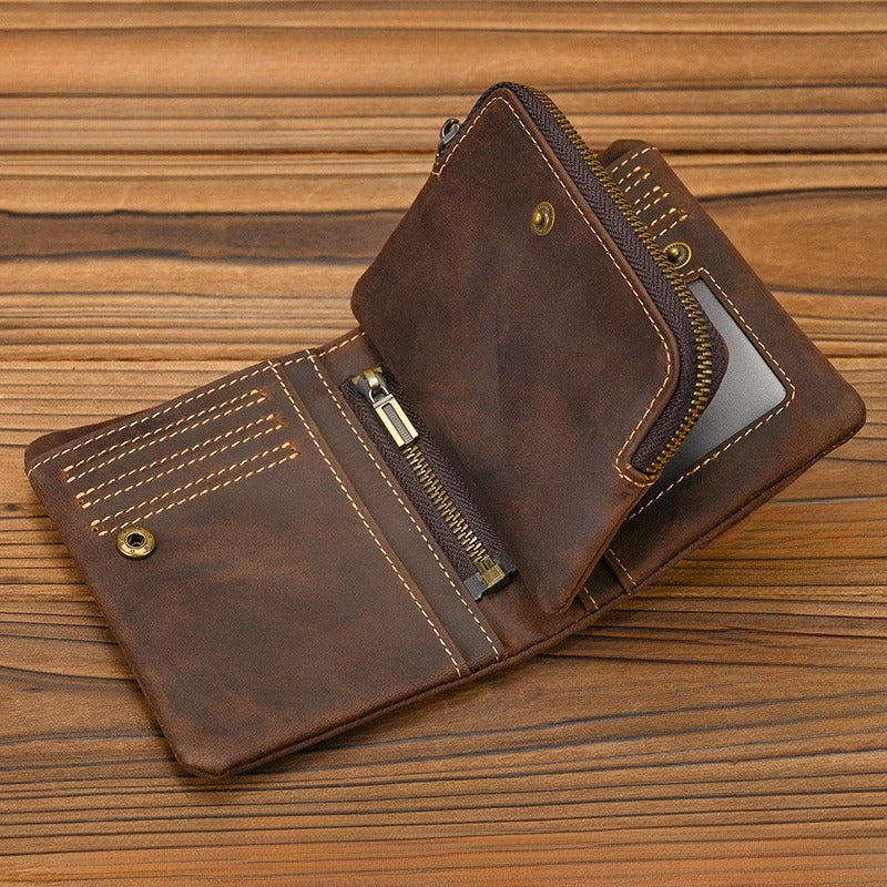 Crazy Horse Leather Bifold Wallet Men Zipper Coin Multi Card open view showcasing card slots and coin pocket.
