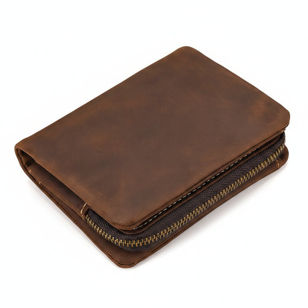 Crazy Horse Leather Bifold Wallet Men Zipper Coin Multi Card in brown with vintage leather finish.