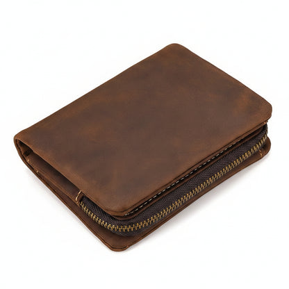 Crazy Horse Leather Bifold Wallet Men Zipper Coin Multi Card in brown with vintage leather finish.