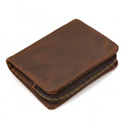 Crazy Horse Leather Bifold Wallet Men Zipper Coin Multi Card
