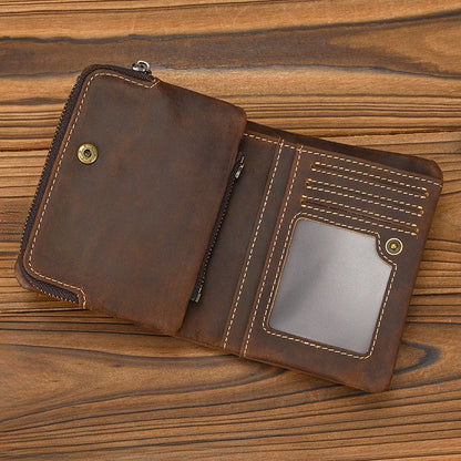 Crazy Horse Leather Bifold Wallet Men Zipper Coin Multi Card open showing interior pockets and zipper compartment in brown leather.