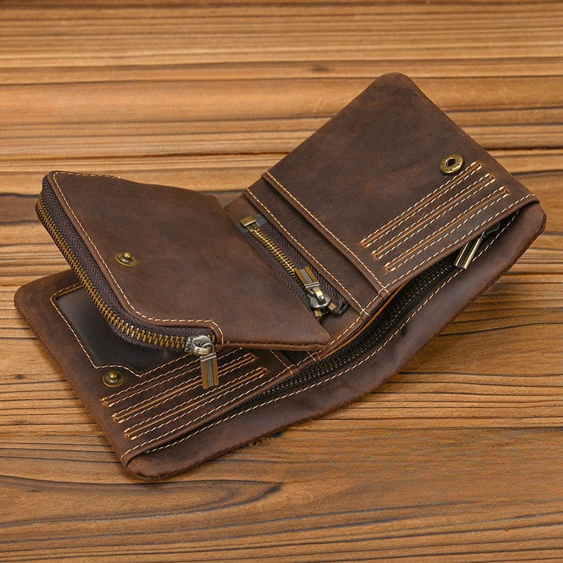 Crazy Horse Leather Bifold Wallet Men Zipper Coin Multi Card opened view showing compartments and wallet design on wooden surface.