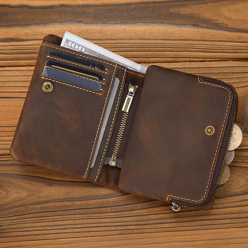 Crazy Horse Leather Bifold Wallet Men Zipper Coin Multi Card with compartments for cards and coins on wooden background.