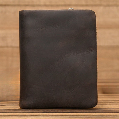 Crazy Horse Leather Bifold Wallet Men Zipper Coin Multi Card in dark brown leather on wooden background.