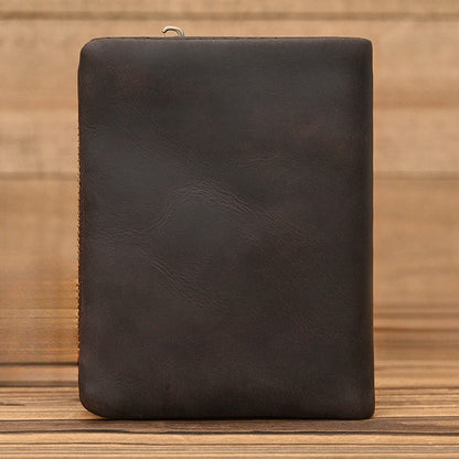 Crazy Horse Leather Bifold Wallet Men Zipper Coin Multi Card in dark brown, showcasing premium full-grain leather.