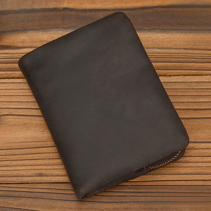 Crazy Horse Leather Bifold Wallet Men Zipper Coin Multi Card in dark brown leather on wooden surface.