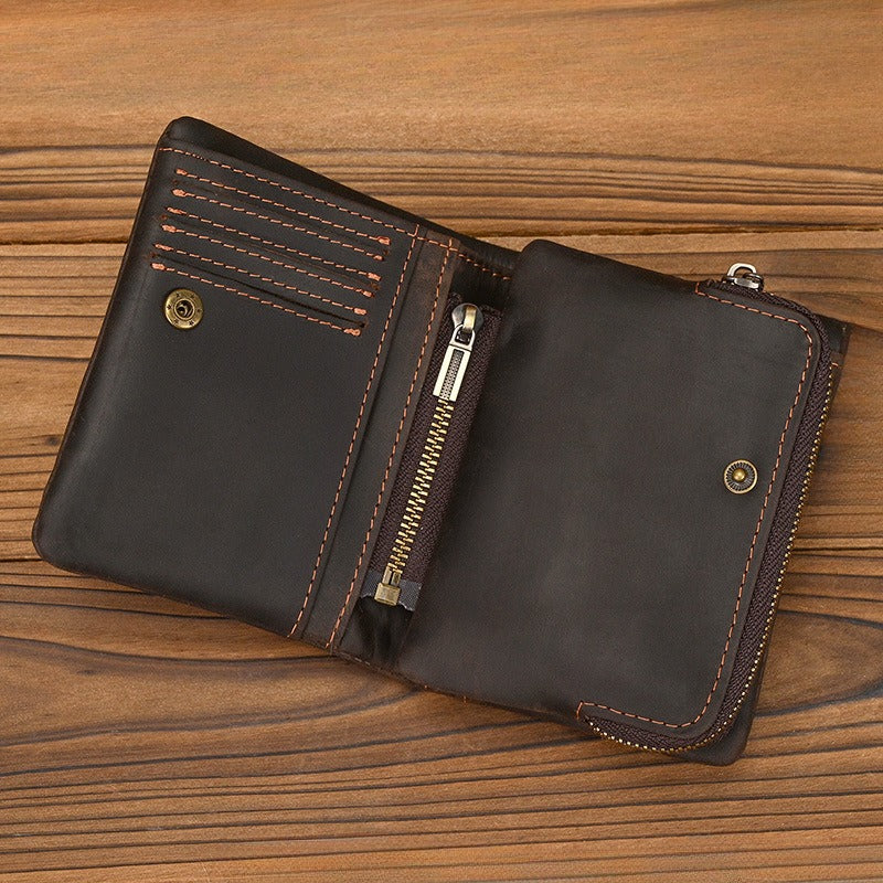 Crazy Horse Leather Bifold Wallet Men Zipper Coin Multi Card open showcasing compartments and zipper on wooden surface.