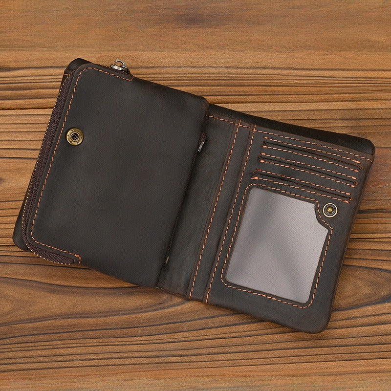 Crazy Horse Leather Bifold Wallet Men Zipper Coin Multi Card opened view with card slots and clear ID window