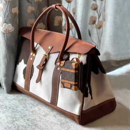 Leather Travel Bag,Genuine Calf Hair Leather Vintage Tote Bag,19.7in