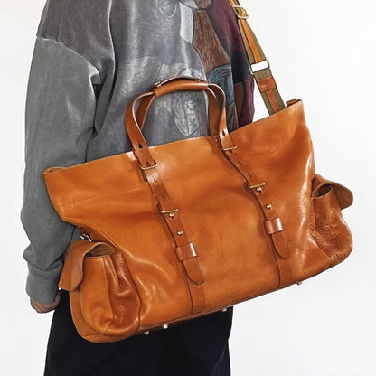 Large Italian Genuine Leather Travel Bag, Soft Leather Weekend Travel Bag, 21.7in Length -i7bags