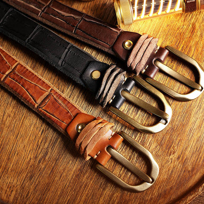 Men's Handmade Distressed Crocodile-Embossed Leather Belt
