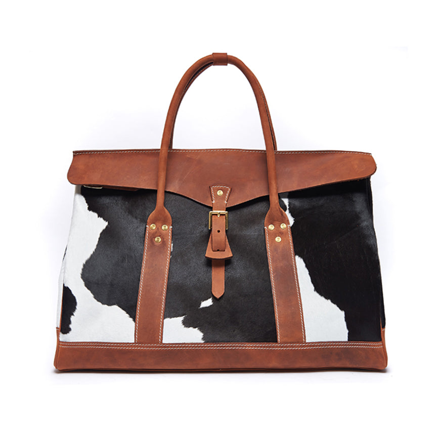 Leather Travel Bag,Genuine Calf Hair Leather Vintage Tote Bag,19.7in