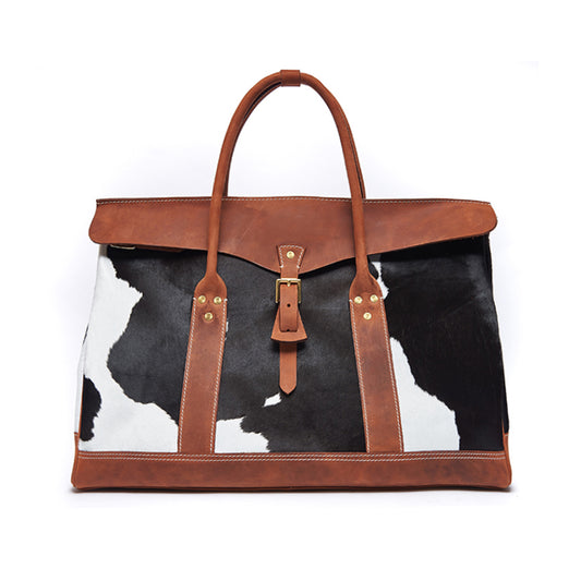 Leather Travel Bag,Genuine Calf Hair Leather Vintage Tote Bag,19.7in